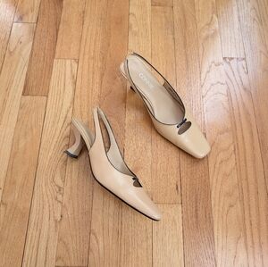 Vintage Connie Nude/Cream Leather Slingback Bow Detail Kitten Heels Size 6 1/2